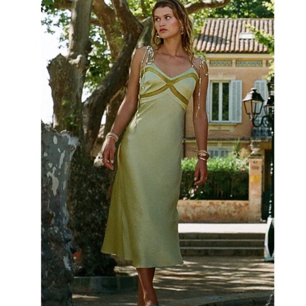 Dannijo Silk Charmeuse Beaded Strap Lace Panel Slip Dress NWT Moss Green